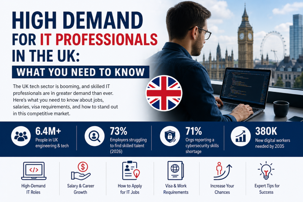 Professional illustration of high demand for IT professionals in the UK, showing a software developer working on a laptop with London skyline and digital tech icons representing cloud computing, security, and coding.