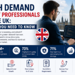 Professional illustration of high demand for IT professionals in the UK, showing a software developer working on a laptop with London skyline and digital tech icons representing cloud computing, security, and coding.