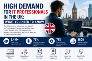 Professional illustration of high demand for IT professionals in the UK, showing a software developer working on a laptop with London skyline and digital tech icons representing cloud computing, security, and coding.