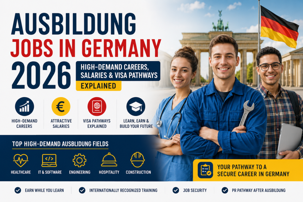 Ausbildung Jobs in Germany 2026 showing high-demand careers, salaries, visa pathways and training opportunities for international applicants