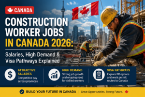 Construction workers at a building site in Canada showing construction worker jobs in Canada 2026, salaries, high demand, and visa pathways for foreign workers.
