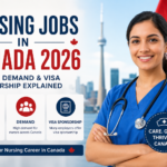 Professional infographic showing nursing jobs in Canada 2026, including salary expectations, job demand, and visa sponsorship opportunities for international nurses.
