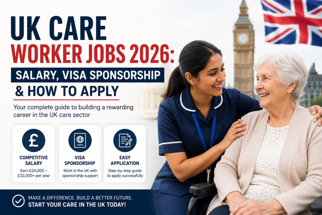 Professional promotional image for UK Care Worker Jobs 2026 showing a caregiver assisting an elderly woman, highlighting salary, visa sponsorship, and application process in the UK.