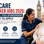 Professional promotional image for UK Care Worker Jobs 2026 showing a caregiver assisting an elderly woman, highlighting salary, visa sponsorship, and application process in the UK.