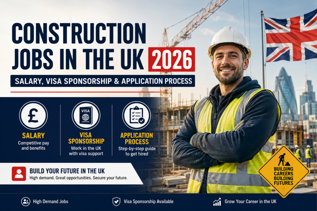 Construction Jobs in the UK 2026 showing a construction worker on site with information about salary, visa sponsorship, and application process.