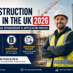 Construction Jobs in the UK 2026 showing a construction worker on site with information about salary, visa sponsorship, and application process.