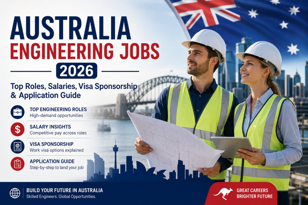 Professional banner showing engineers in safety helmets in Australia with 2026 engineering job opportunities, salaries, visa sponsorship, and application guide.