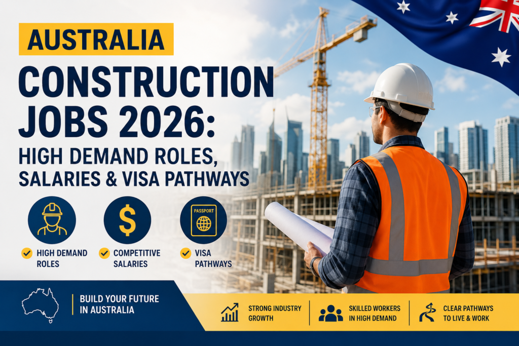 Construction worker wearing a safety vest and helmet at a modern Australian construction site with cranes and city buildings, promoting Australia Construction Jobs 2026, including high-demand roles, salaries, and visa pathways.