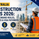 Construction worker wearing a safety vest and helmet at a modern Australian construction site with cranes and city buildings, promoting Australia Construction Jobs 2026, including high-demand roles, salaries, and visa pathways.