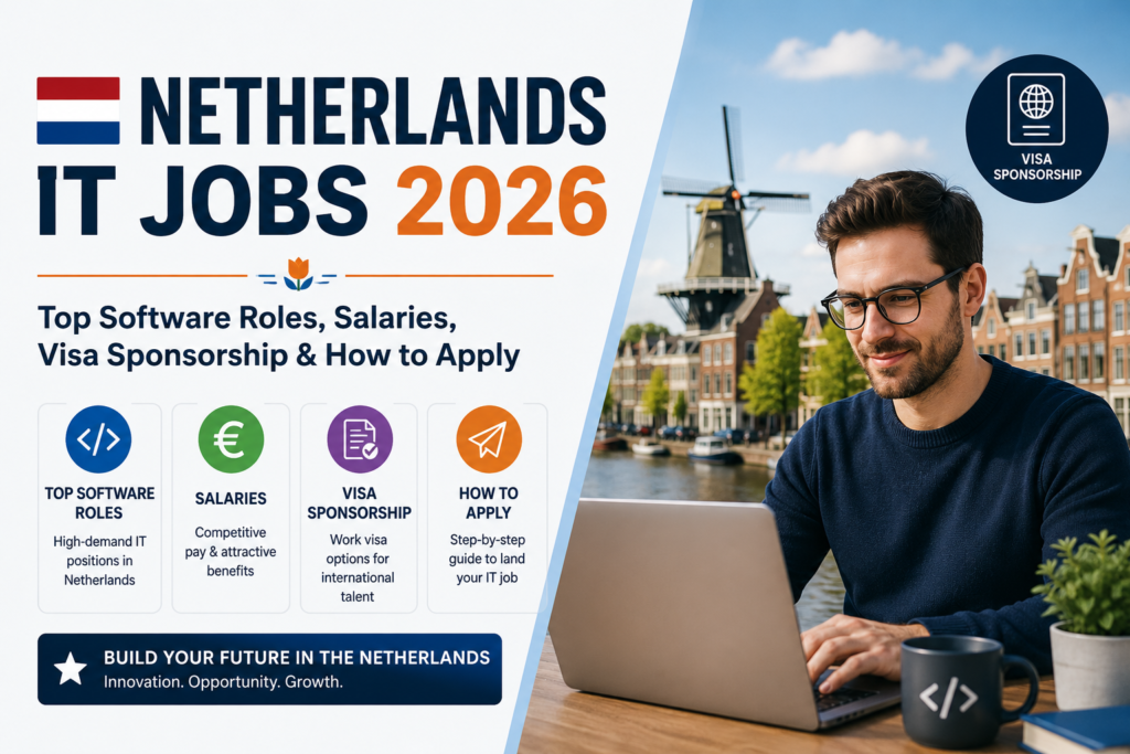 Professional blog banner showing Netherlands IT Jobs 2026 with Dutch cityscape, laptop workspace, software career icons, visa sponsorship details, and tech career opportunities in the Netherlands.