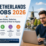 Professional blog banner showing Netherlands IT Jobs 2026 with Dutch cityscape, laptop workspace, software career icons, visa sponsorship details, and tech career opportunities in the Netherlands.