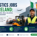 Professional banner image showing a logistics worker in a high-visibility vest standing in front of a warehouse in Ireland, with cargo containers, a forklift, truck, airplane, and the Irish flag representing logistics jobs, salaries, and visa opportunities in Ireland.