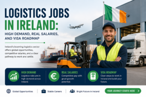 Professional banner image showing a logistics worker in a high-visibility vest standing in front of a warehouse in Ireland, with cargo containers, a forklift, truck, airplane, and the Irish flag representing logistics jobs, salaries, and visa opportunities in Ireland.