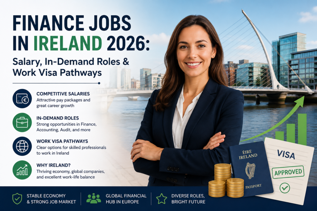 Professional infographic-style image featuring a confident businesswoman in front of Dublin’s skyline, highlighting finance jobs in Ireland in 2026, including salaries, in-demand finance roles, and work visa pathways for international professionals.