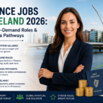 Professional infographic-style image featuring a confident businesswoman in front of Dublin’s skyline, highlighting finance jobs in Ireland in 2026, including salaries, in-demand finance roles, and work visa pathways for international professionals.