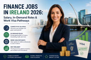 Professional infographic-style image featuring a confident businesswoman in front of Dublin’s skyline, highlighting finance jobs in Ireland in 2026, including salaries, in-demand finance roles, and work visa pathways for international professionals.