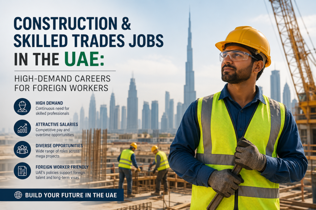 Construction worker wearing safety gear standing on a UAE construction site with modern skyscrapers in the background, highlighting skilled trades job opportunities for foreign workers.