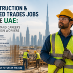 Construction worker wearing safety gear standing on a UAE construction site with modern skyscrapers in the background, highlighting skilled trades job opportunities for foreign workers.
