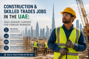 Construction worker wearing safety gear standing on a UAE construction site with modern skyscrapers in the background, highlighting skilled trades job opportunities for foreign workers.