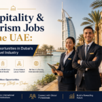 Professional hospitality and tourism recruitment banner showcasing luxury career opportunities in Dubai, UAE, featuring hotel professionals and a chef standing in front of the iconic Burj Al Arab and a luxury waterfront resort.
