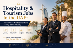 Professional hospitality and tourism recruitment banner showcasing luxury career opportunities in Dubai, UAE, featuring hotel professionals and a chef standing in front of the iconic Burj Al Arab and a luxury waterfront resort.