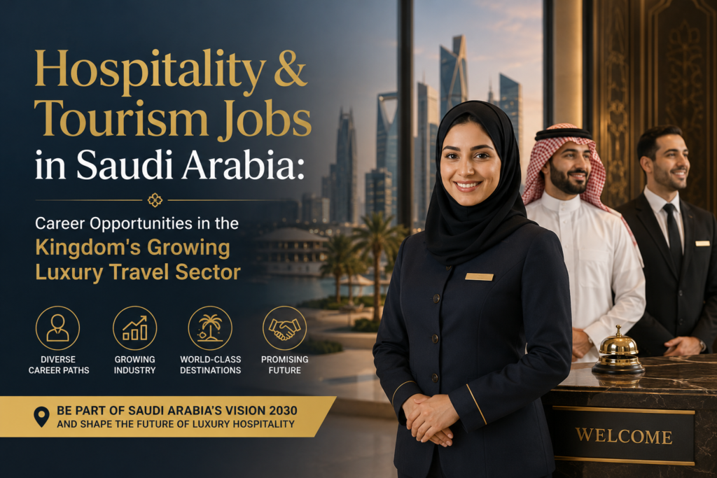 Professional promotional banner for hospitality and tourism jobs in Saudi Arabia, featuring a luxury hotel employee standing in front of a modern resort with bold text highlighting career opportunities in the Kingdom’s growing luxury travel sector.