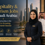 Professional promotional banner for hospitality and tourism jobs in Saudi Arabia, featuring a luxury hotel employee standing in front of a modern resort with bold text highlighting career opportunities in the Kingdom’s growing luxury travel sector.
