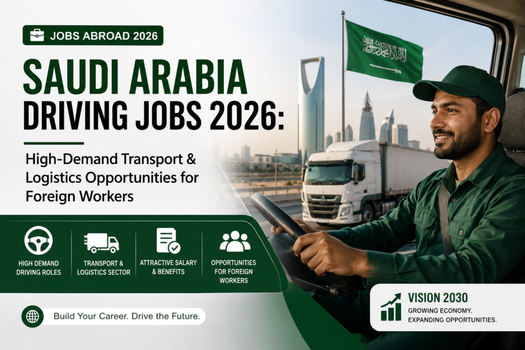 Foreign truck and delivery drivers working in Saudi Arabia’s transport and logistics sector, with cargo trucks and highway infrastructure symbolizing high-demand driving jobs for international workers in 2026.