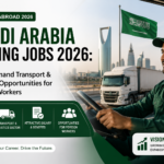 Foreign truck and delivery drivers working in Saudi Arabia’s transport and logistics sector, with cargo trucks and highway infrastructure symbolizing high-demand driving jobs for international workers in 2026.