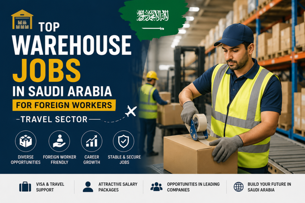 Warehouse workers in Saudi Arabia handling logistics operations, highlighting job opportunities for foreign workers in warehousing and supply chain roles.
