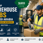 Warehouse workers in Saudi Arabia handling logistics operations, highlighting job opportunities for foreign workers in warehousing and supply chain roles.