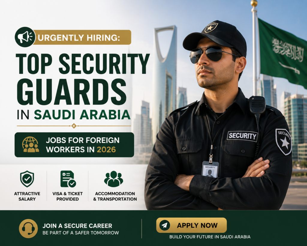 Professional recruitment banner advertising urgent hiring of top security guards in Saudi Arabia for foreign workers in 2026, featuring a uniformed security officer with city skyline background and job benefits highlighted.