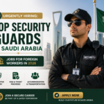 Professional recruitment banner advertising urgent hiring of top security guards in Saudi Arabia for foreign workers in 2026, featuring a uniformed security officer with city skyline background and job benefits highlighted.