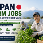 Promotional banner showing Japan farm jobs with visa sponsorship in 2026, featuring agricultural workers in a green farm field with Mount Fuji in the background and job opportunity highlights for foreigners.