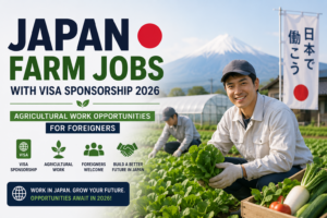 Promotional banner showing Japan farm jobs with visa sponsorship in 2026, featuring agricultural workers in a green farm field with Mount Fuji in the background and job opportunity highlights for foreigners.
