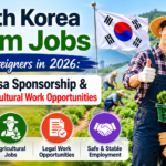 A professional banner showing South Korea farm jobs for foreigners in 2026, featuring a smiling agricultural worker holding fresh vegetables in a farm field with visa sponsorship and job opportunity highlights.