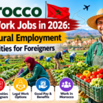 Promotional banner showing farm workers harvesting crops in Morocco with a farmer holding fresh produce, highlighting agricultural job opportunities in 2026 for foreigners.