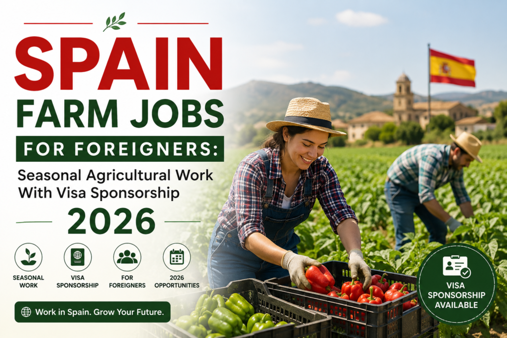 Promotional banner showing farm workers harvesting vegetables in Spain, highlighting seasonal agricultural jobs for foreigners with visa sponsorship opportunities in 2026.