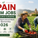 Promotional banner showing farm workers harvesting vegetables in Spain, highlighting seasonal agricultural jobs for foreigners with visa sponsorship opportunities in 2026.