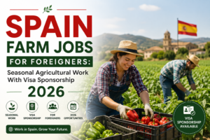 Promotional banner showing farm workers harvesting vegetables in Spain, highlighting seasonal agricultural jobs for foreigners with visa sponsorship opportunities in 2026.