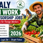 Italy Farm Work visa sponsorship jobs 2026 banner showing foreign workers harvesting vegetables on an Italian farm with visa approval documents, Italian flag, and agricultural job opportunities for international applicants.