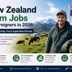 New Zealand Farm Work image showing a foreign farm worker standing on a dairy farm with mountains, cows, and the New Zealand flag in the background, promoting farm jobs in New Zealand for foreigners in 2026 with visa sponsorship and attractive pay