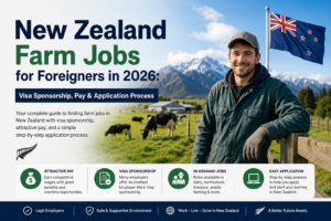 New Zealand Farm Work image showing a foreign farm worker standing on a dairy farm with mountains, cows, and the New Zealand flag in the background, promoting farm jobs in New Zealand for foreigners in 2026 with visa sponsorship and attractive pay