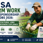 USA Farm Work visa sponsorship jobs in 2026 showing foreign agricultural workers harvesting crops on an American farm.