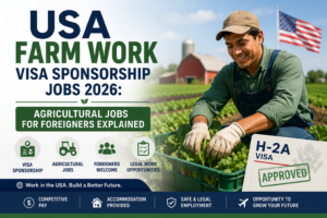 USA Farm Work visa sponsorship jobs in 2026 showing foreign agricultural workers harvesting crops on an American farm.