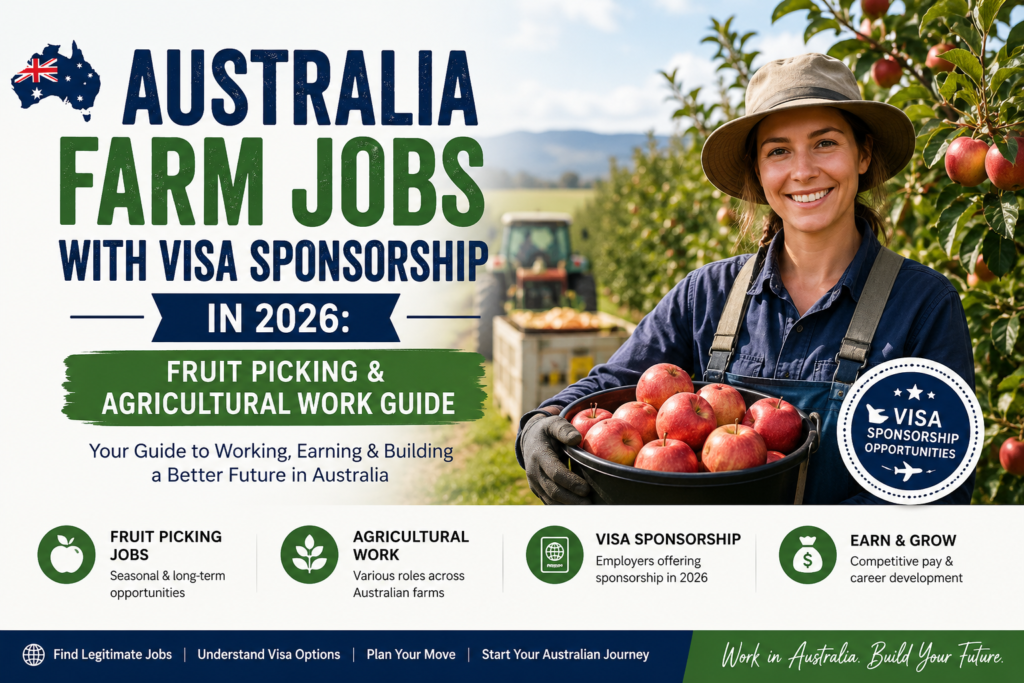 Australia farm jobs: farm worker harvesting apples in an Australian orchard, showcasing visa-sponsored fruit picking and agricultural work opportunities in 2026.