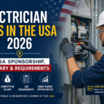 Electrician jobs in USA: professional infographic of an electrician working on an electrical panel, highlighting 2026 roles, visa sponsorship opportunities, salary expectations, and job requirements.