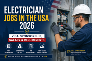Electrician jobs in USA: professional infographic of an electrician working on an electrical panel, highlighting 2026 roles, visa sponsorship opportunities, salary expectations, and job requirements.