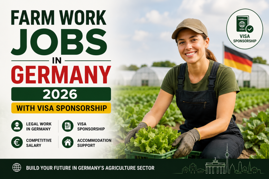 Farm worker harvesting fresh vegetables on a German farm, promoting farm work jobs in Germany 2026 with visa sponsorship, accommodation support and competitive salaries.