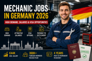 Mechanic working on a modern car engine in a German auto workshop representing high demand mechanic jobs in Germany 2026